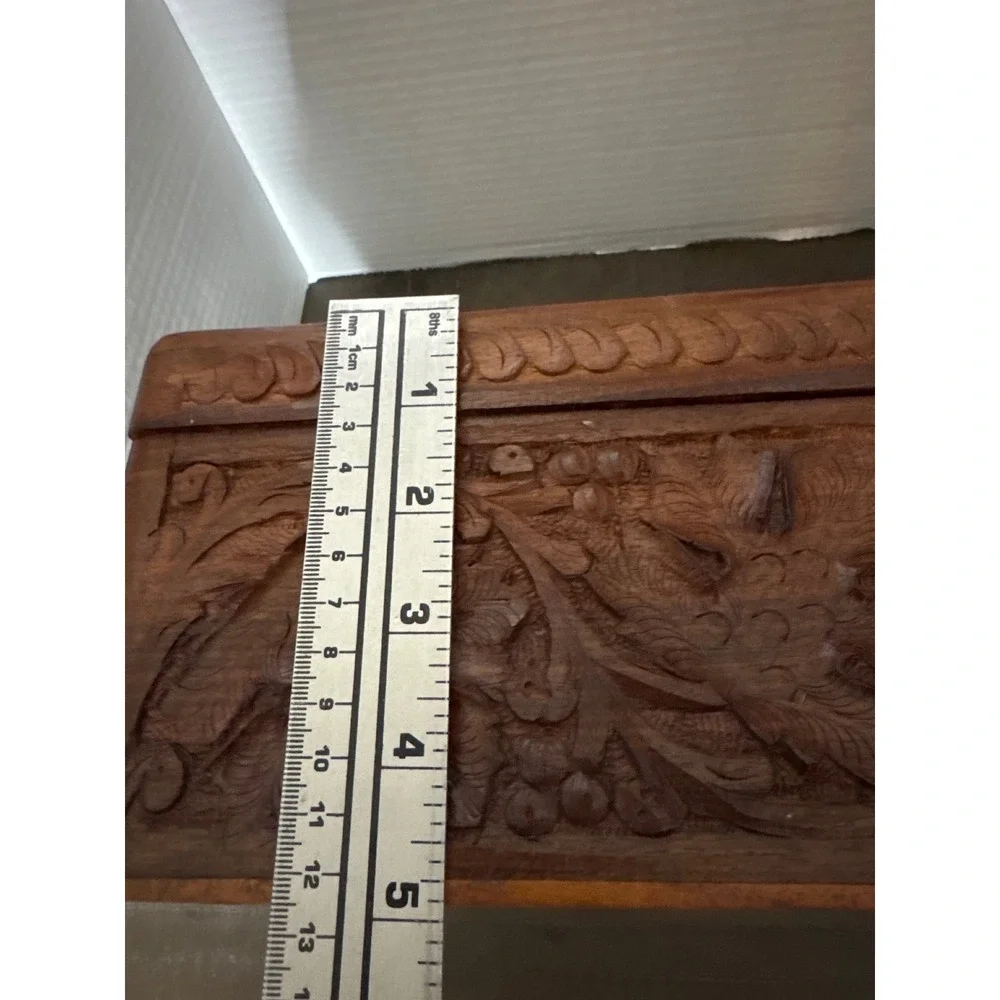 Vintage Hand Carved Floral Wooden Jewelry Keepsake Box Red Velvet Made in India